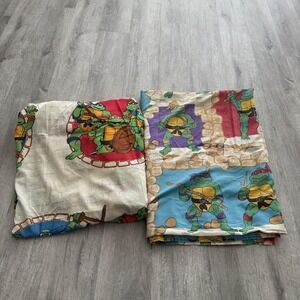 Vintage Ninja Turtles TMNT Twin Flat & fitted Sheet Kids Cartoon 1990